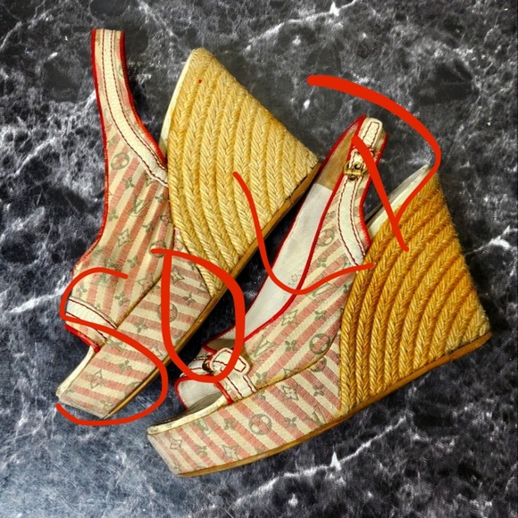 Louis Vuitton Shoes - Louis Vuitton Monogram Heel Wedge Slip Open Toed Shoes Sz. 36.5